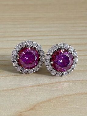 Dragonfruit Purple Moissanite Sterling Silver Halo Stud Earrings